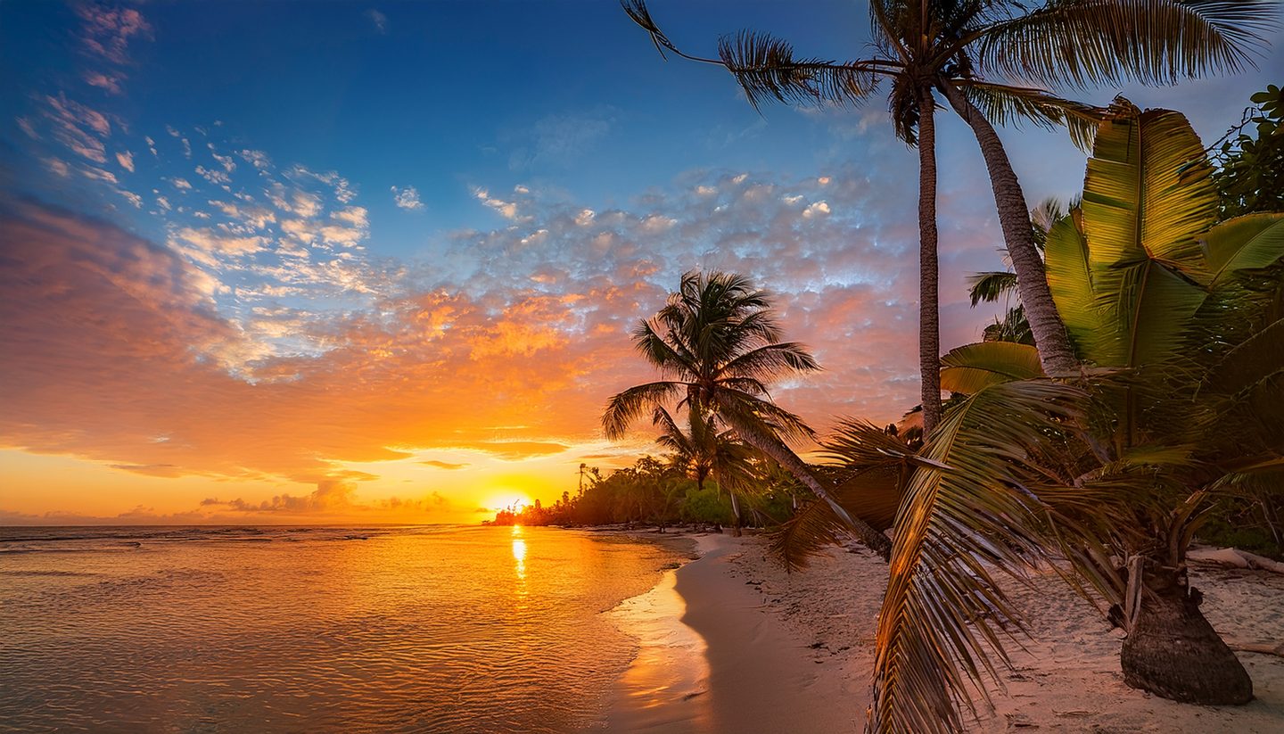 Sunset over a palm-lined Caribbean beach